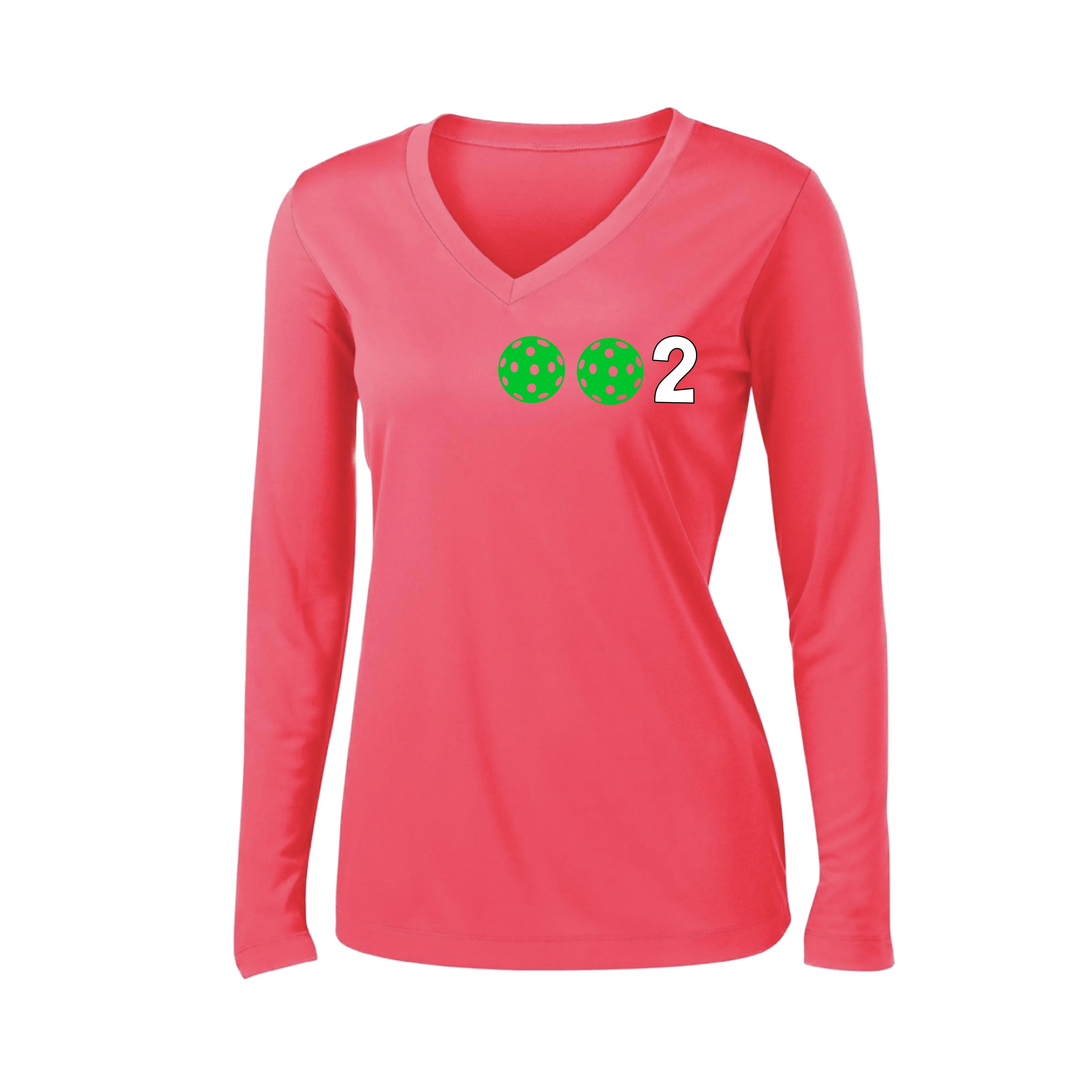 002 With Pickleballs (Colors Green Orange Red) Customizable | Women's Long Sleeve V-Neck Pickleball Shirts | 100% Polyester