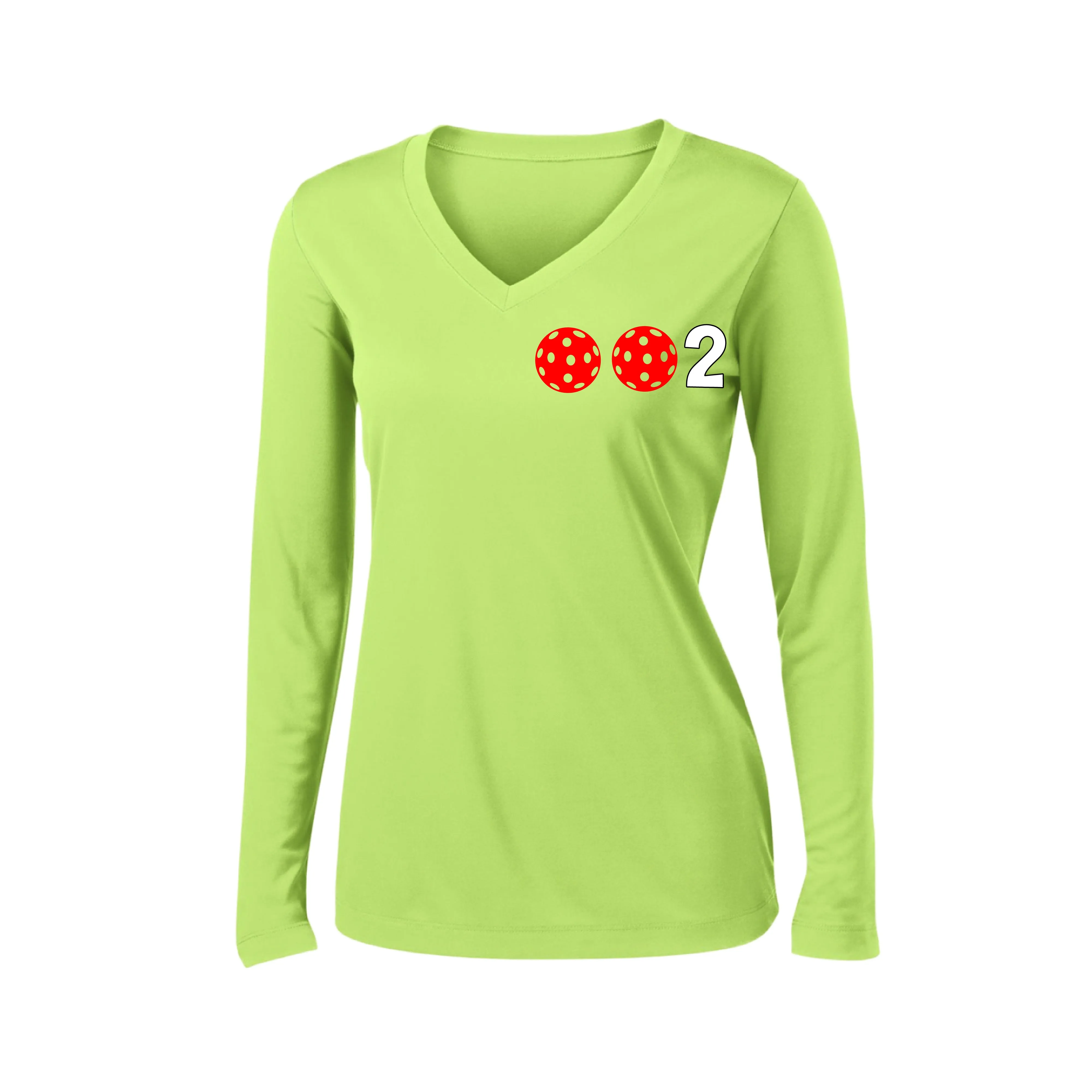 002 With Pickleballs (Colors Green Orange Red) Customizable | Women's Long Sleeve V-Neck Pickleball Shirts | 100% Polyester