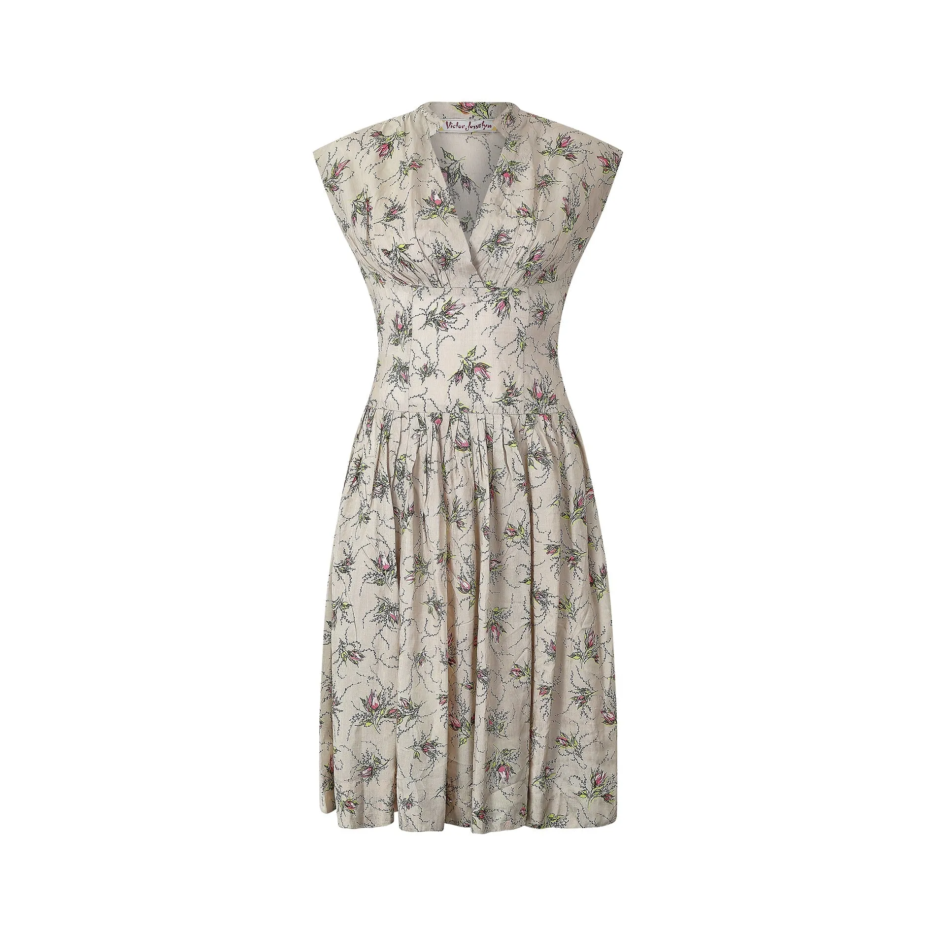 1950s Victor Josselyn Silk Floral Rose Spray Print Dress