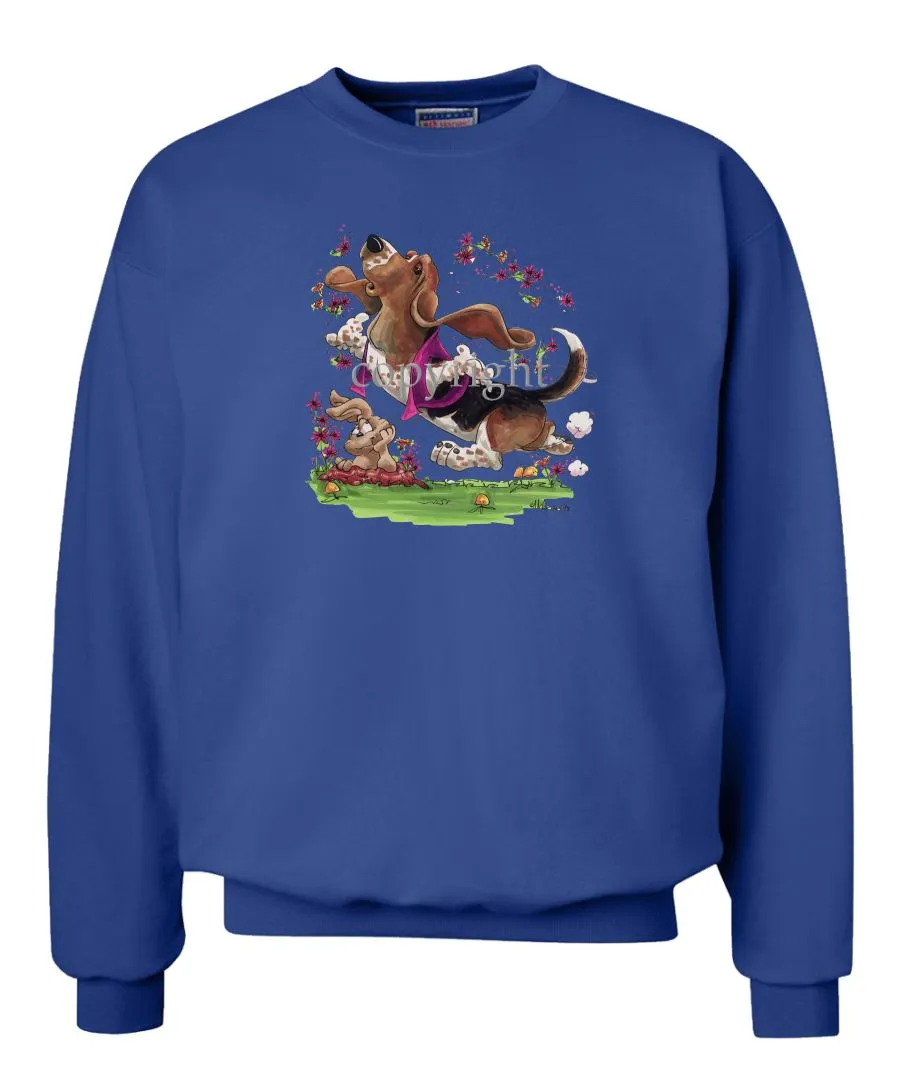 Basset Hound - Purple Vest Dancing In Flowers - Caricature - Sweatshirt