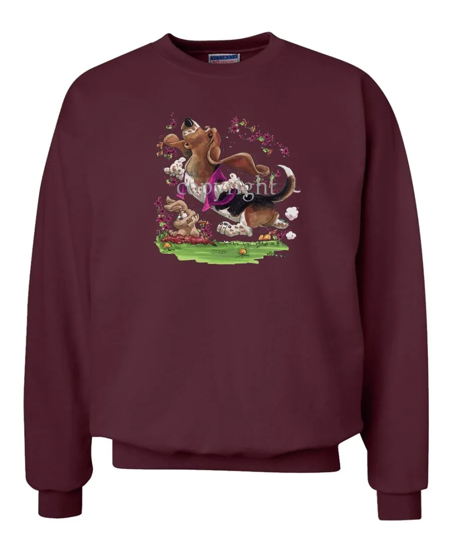 Basset Hound - Purple Vest Dancing In Flowers - Caricature - Sweatshirt