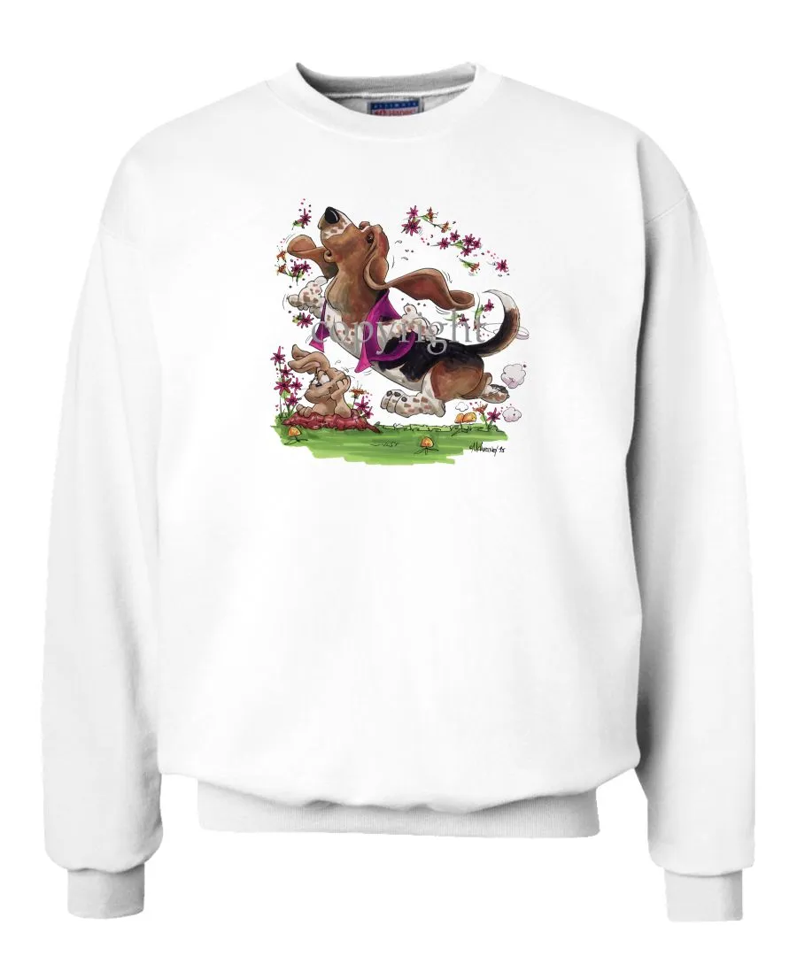 Basset Hound - Purple Vest Dancing In Flowers - Caricature - Sweatshirt