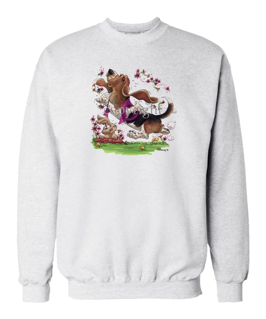 Basset Hound - Purple Vest Dancing In Flowers - Caricature - Sweatshirt