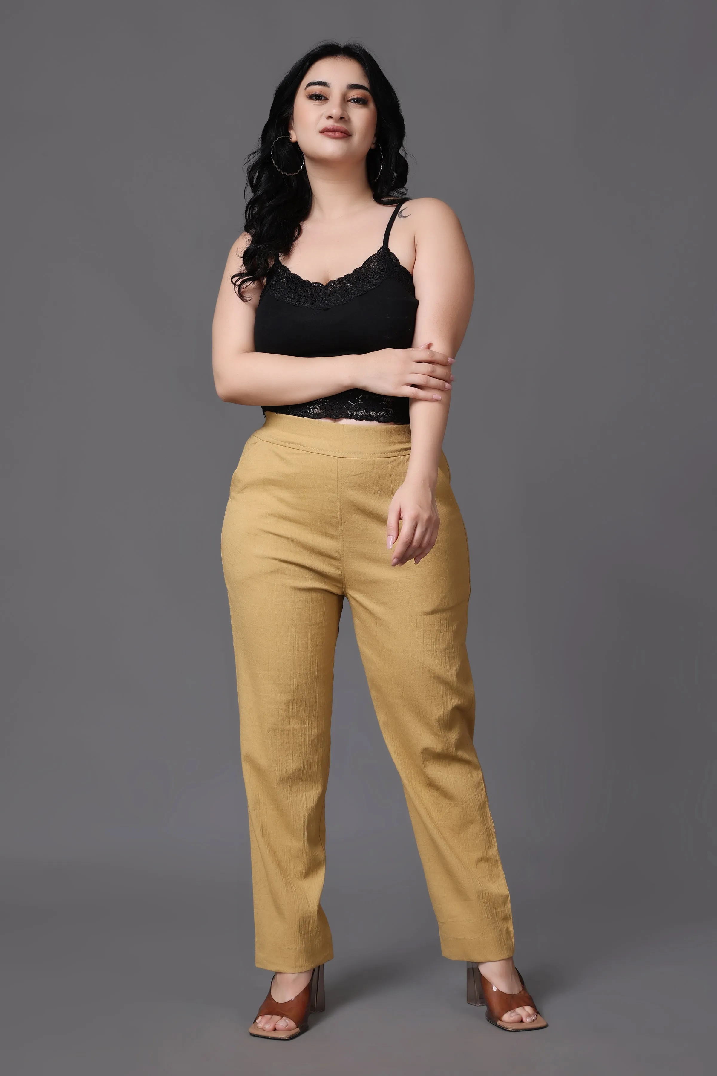 Beige Lycra Slub Pants