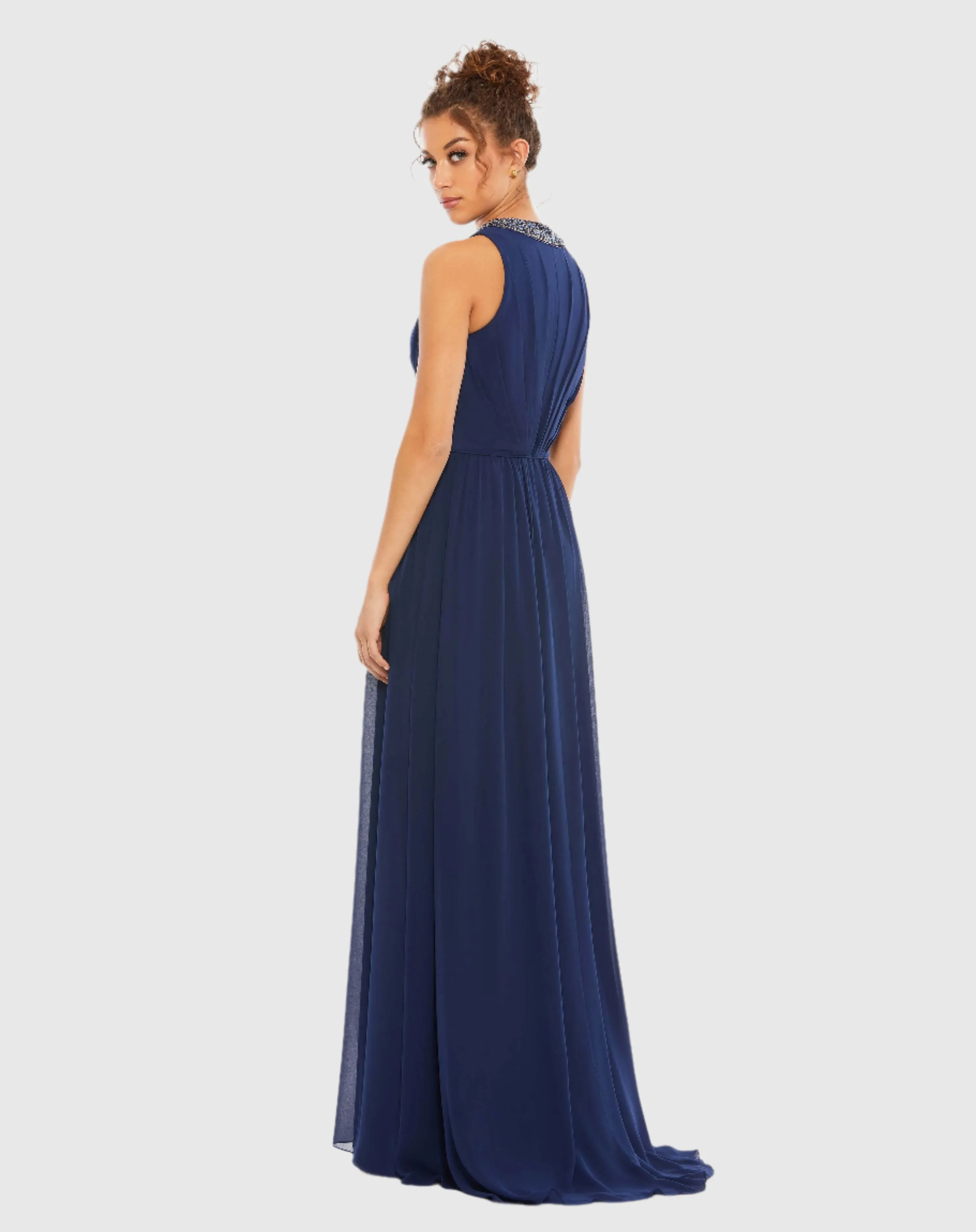 Bejeweled Neckline Pleated Chiffon Gown