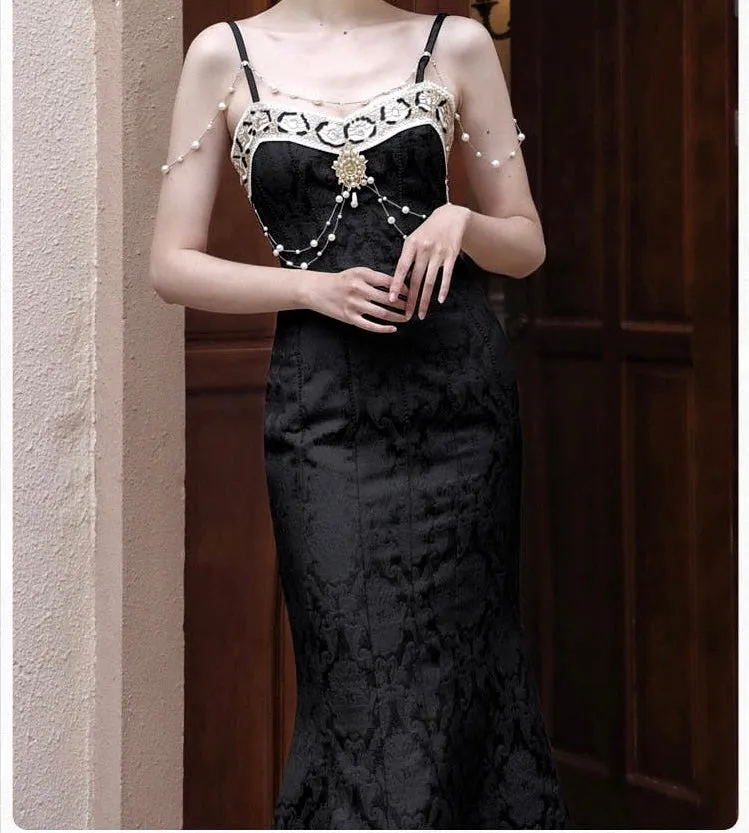 Black Baroque Pearl Dark Feminine Aesthetic Royalcore Brocade Dress