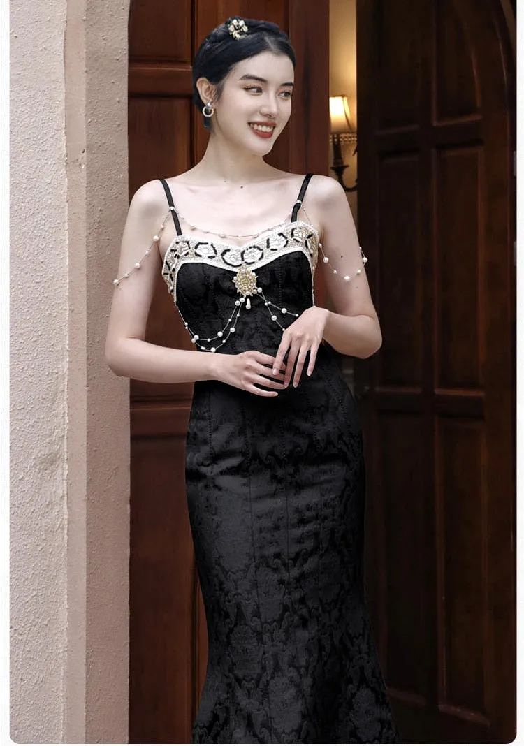 Black Baroque Pearl Dark Feminine Aesthetic Royalcore Brocade Dress