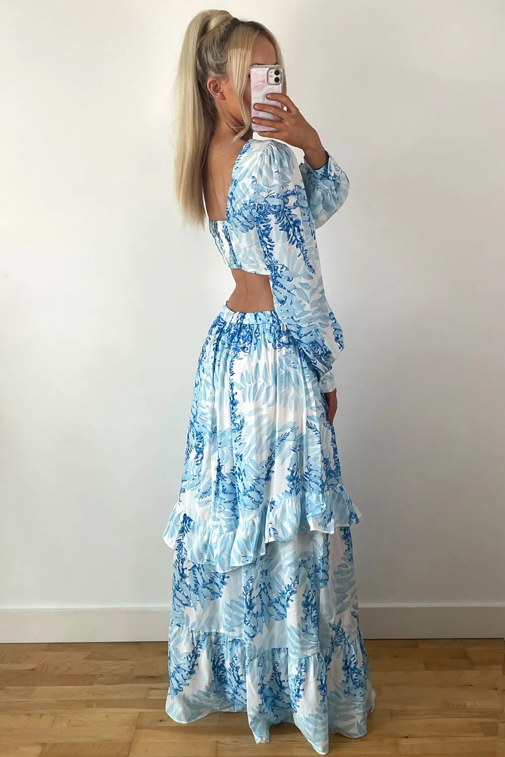 Blue Floral Print Cut Out Frill Maxi Dress