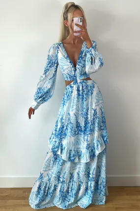 Blue Floral Print Cut Out Frill Maxi Dress