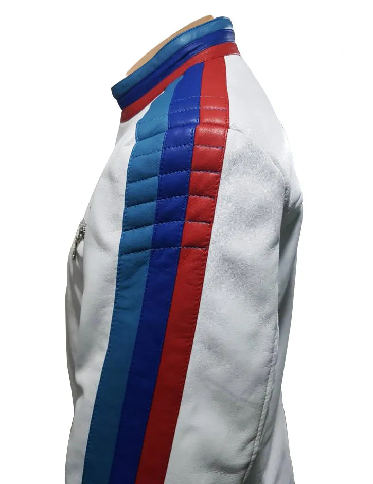 BMW white motorcycle jacket with red and blue stripes and armor protection