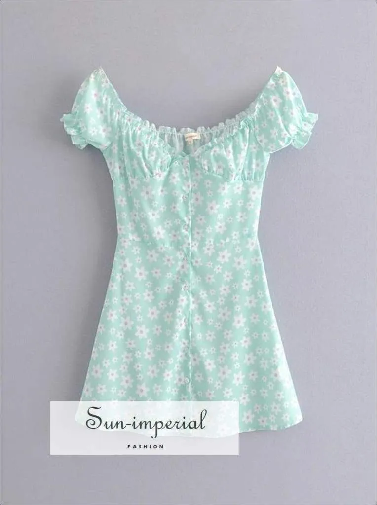 Boho Floral Print Mini A-line Blue Dress Vintage Short Sleeve