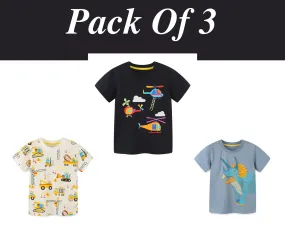 Boys Cotton T-shirts Summer Tees & Tops for Baby Boys Dino, Helicopter | Toddler Boy Shirt kid Clothing Gift for Boys Pack of 3