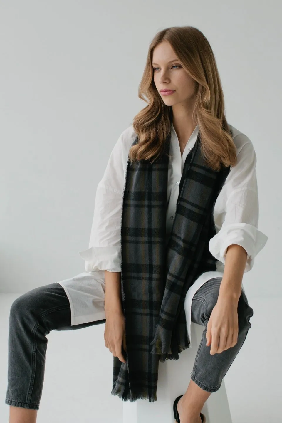 Checks Charcoal 100% Recycled Polyester Scarf