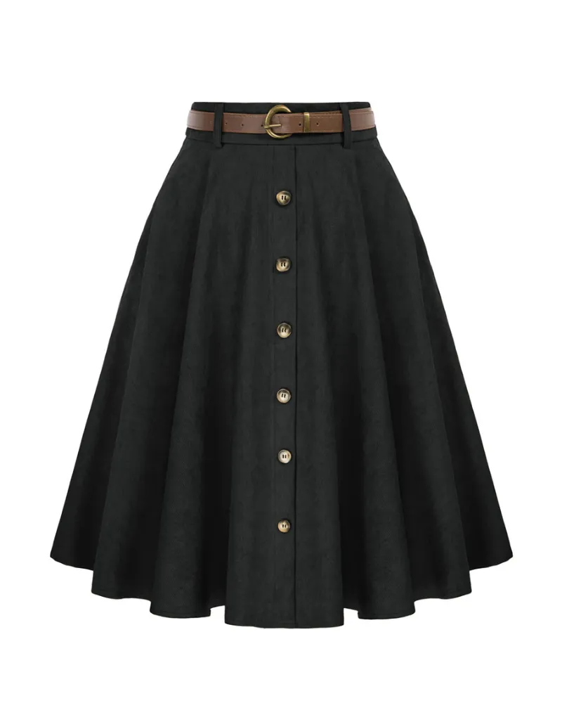 Corduroy Skirt with Belt Elastic High Waist Mid-Calf Swing Skirt