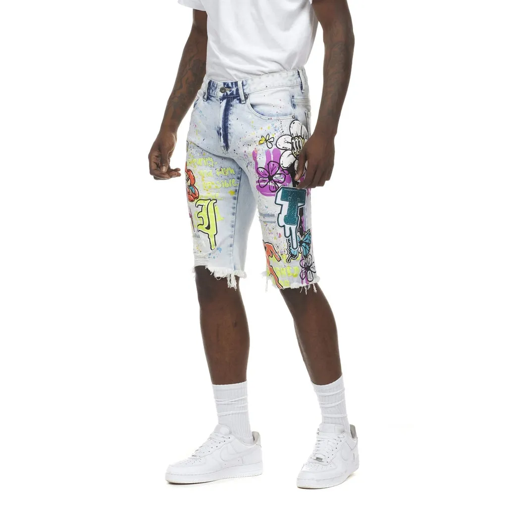 Daisy Graffiti Jean Shorts - Plaster Blue