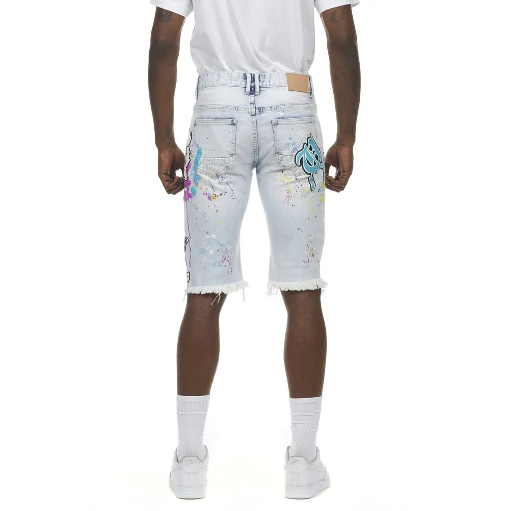 Daisy Graffiti Jean Shorts - Plaster Blue