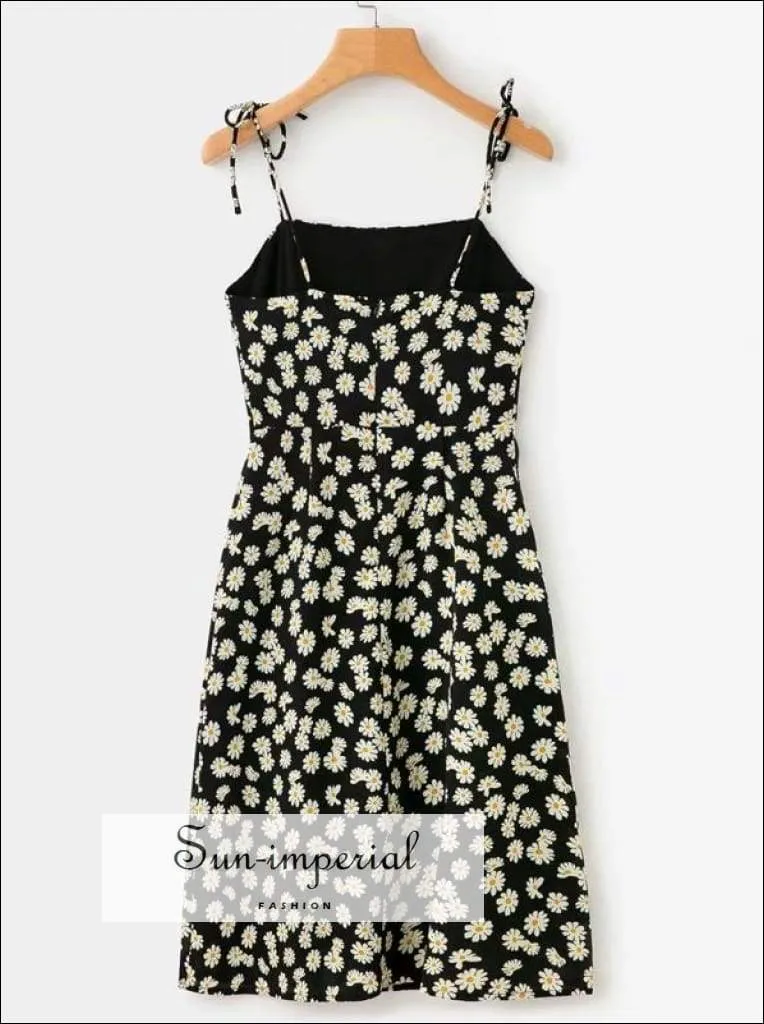 daisy print, florl print, flower printSun-imperial Women Tie Straps Daisy Print Midi Length Dress with back Zipper High Street Fashion