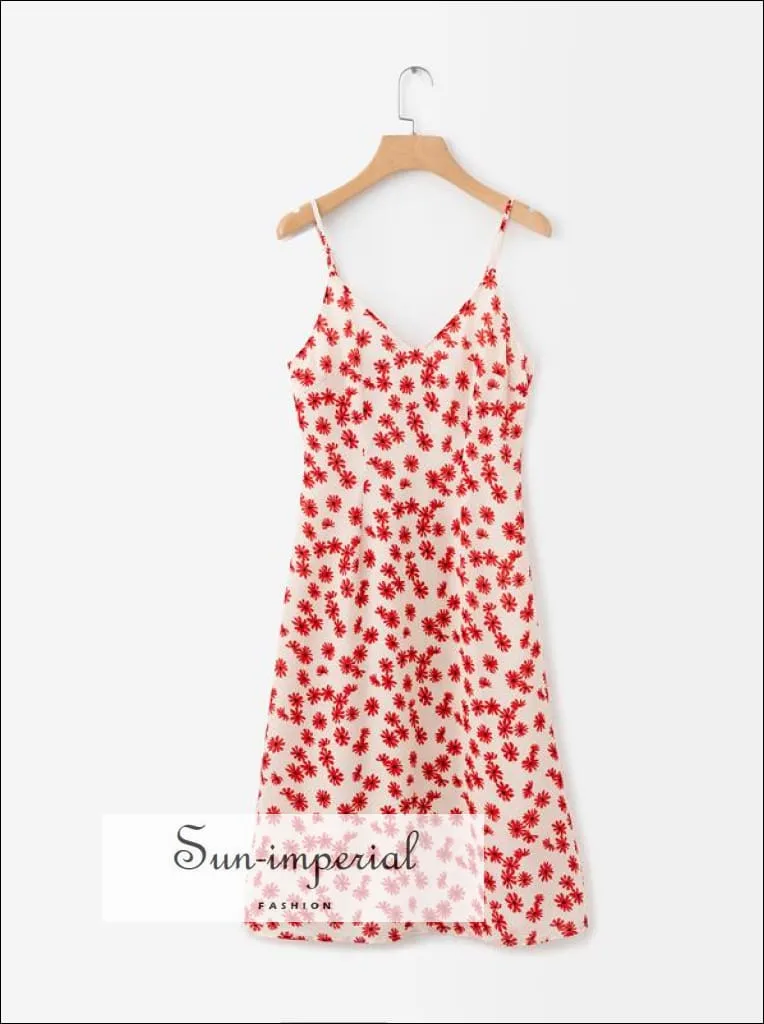 daisy print, florl print, flower printVintage Floral Daisy Women Slip Midi Dress Summer V Neck Cami Strap Backless Vintage Casual Sundress