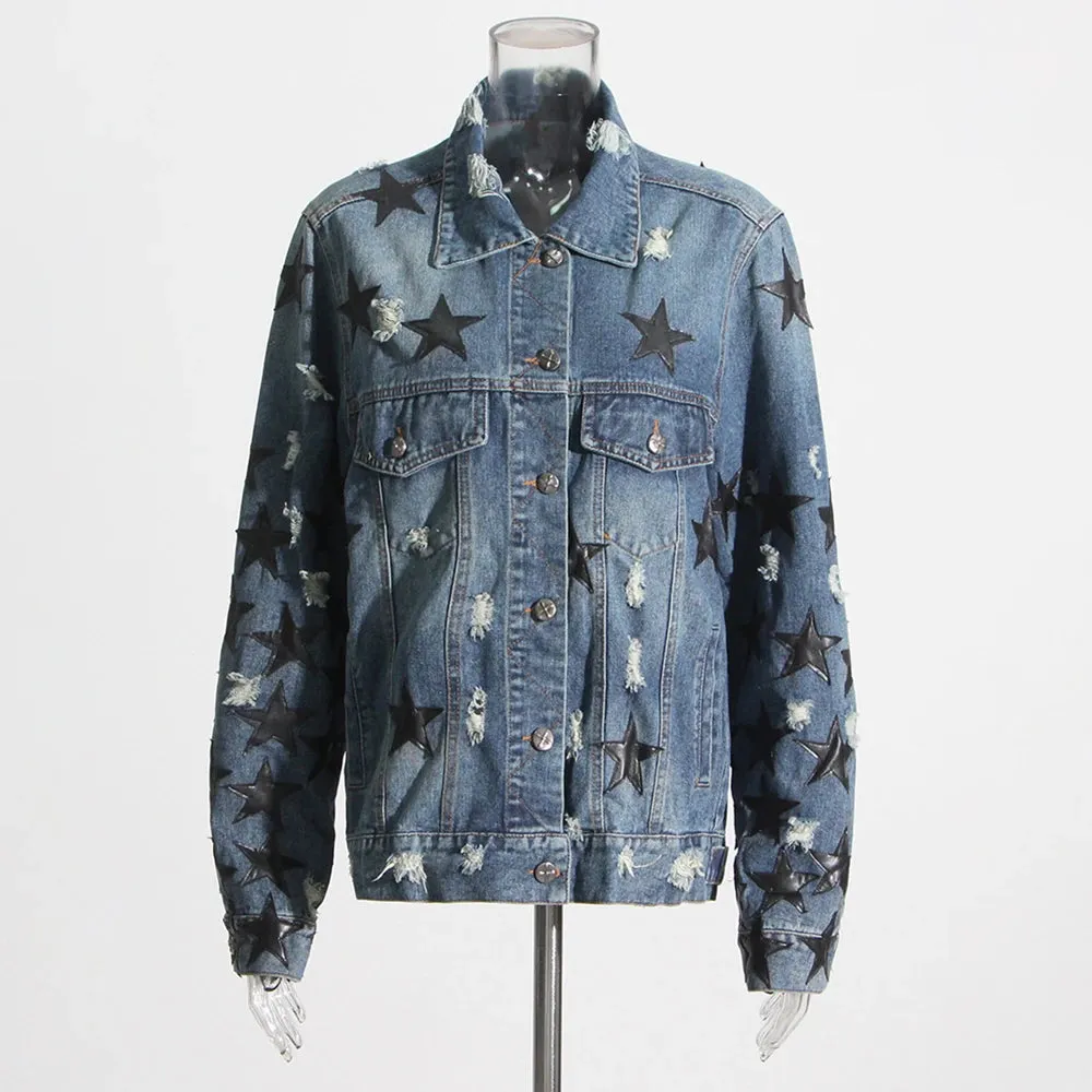 Denim Patchwork Lapel Long Sleeve Single Breasted Streetwear Jackets