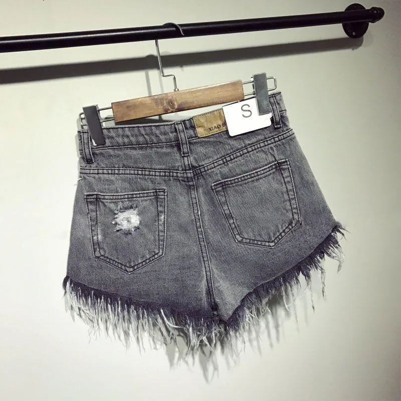 DESTROYED HIGH WAIST DENIM SHORTS