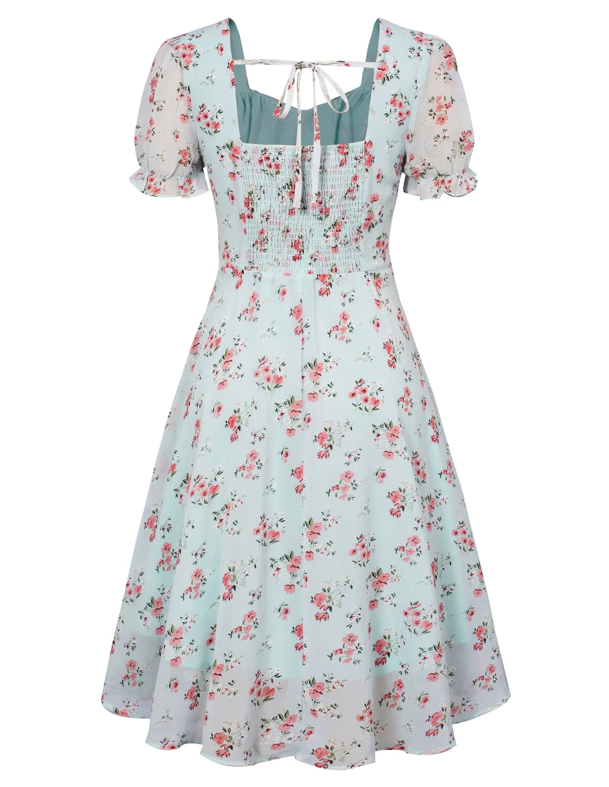 Floral Chiffon Dress Short Sleeve Square Neck Smocked Back A-Line Dress