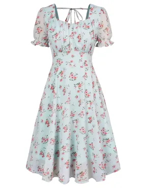 Floral Chiffon Dress Short Sleeve Square Neck Smocked Back A-Line Dress