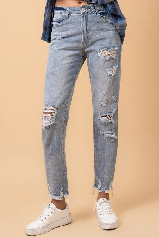 Fray Distressed Girlfriend Jeans