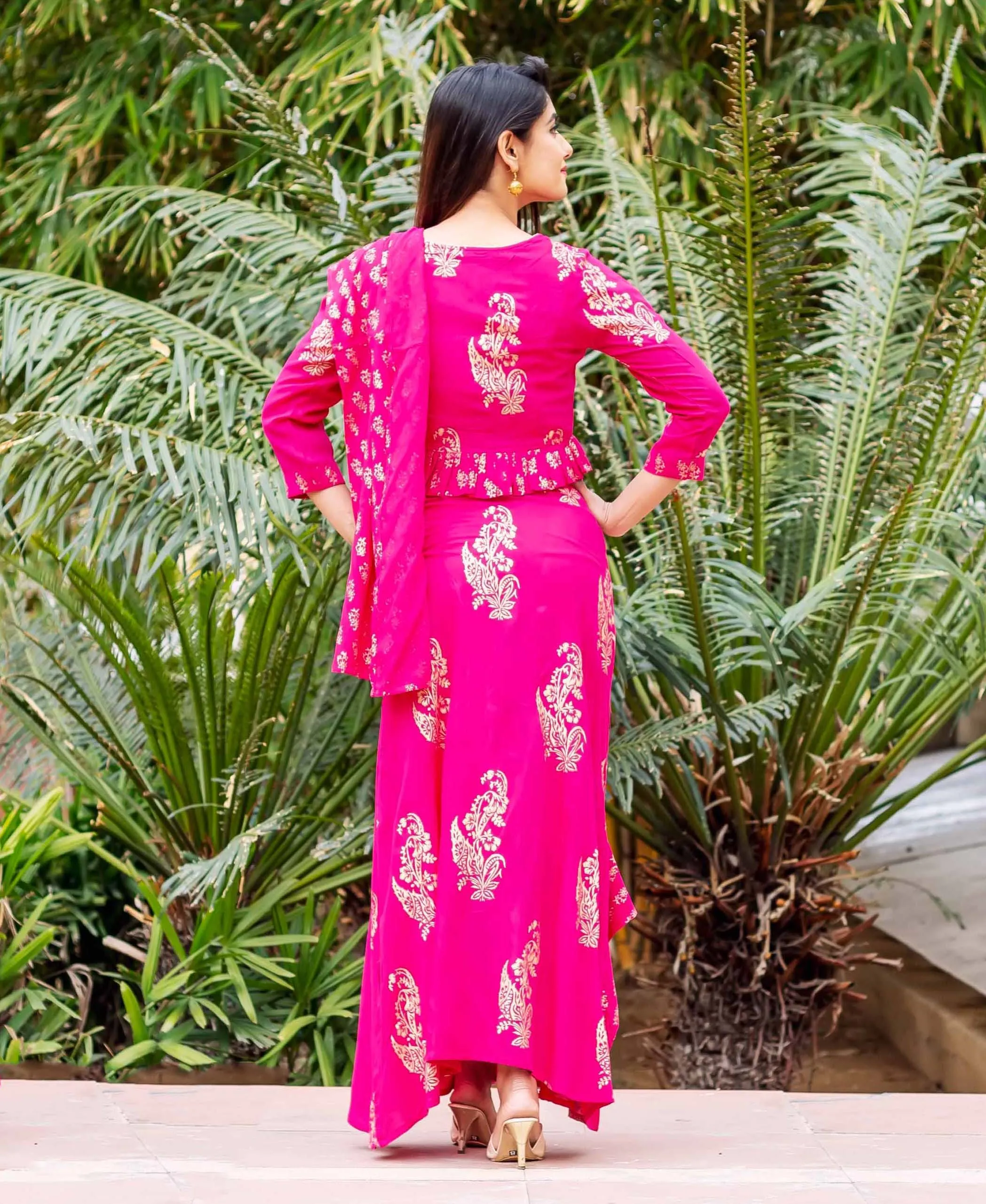 Fuchsia and Gold Printed Top with Saree Skirt