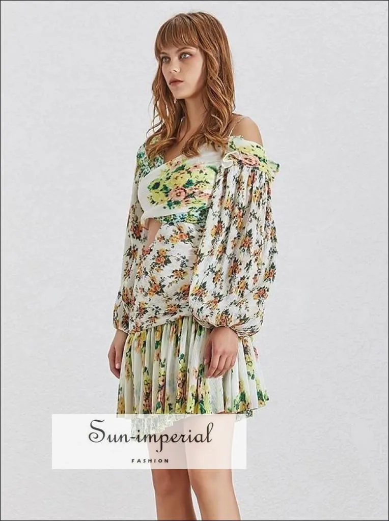 Garden Dress- Floral Print off Shoulder Cut off Waist Women Mini Dress Lantern Long Sleeve