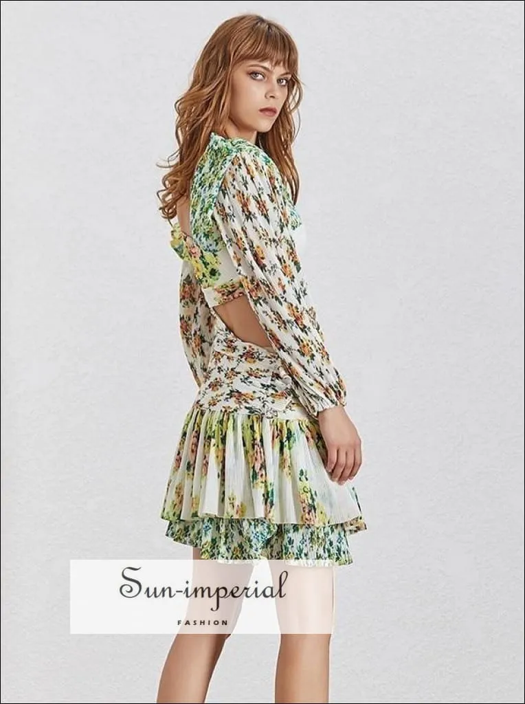 Garden Dress- Floral Print off Shoulder Cut off Waist Women Mini Dress Lantern Long Sleeve