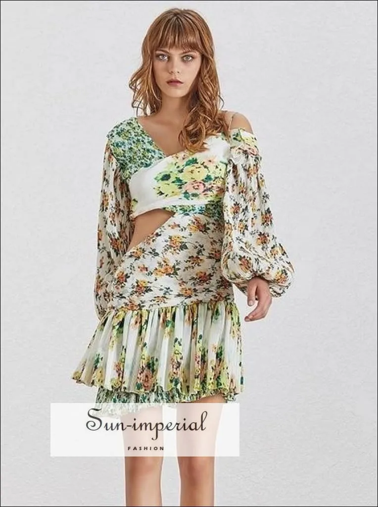 Garden Dress- Floral Print off Shoulder Cut off Waist Women Mini Dress Lantern Long Sleeve