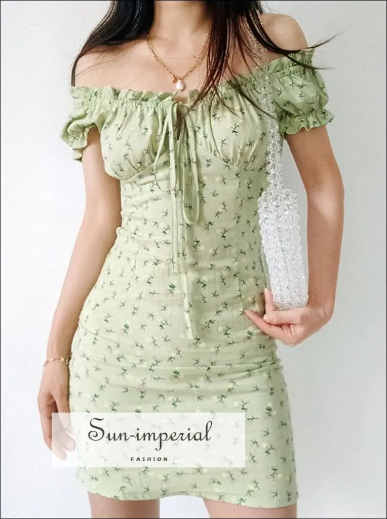 Green Floral off the Shoulder Mini Dress Frill Neck Dress Tie front Cotton Mini Dress