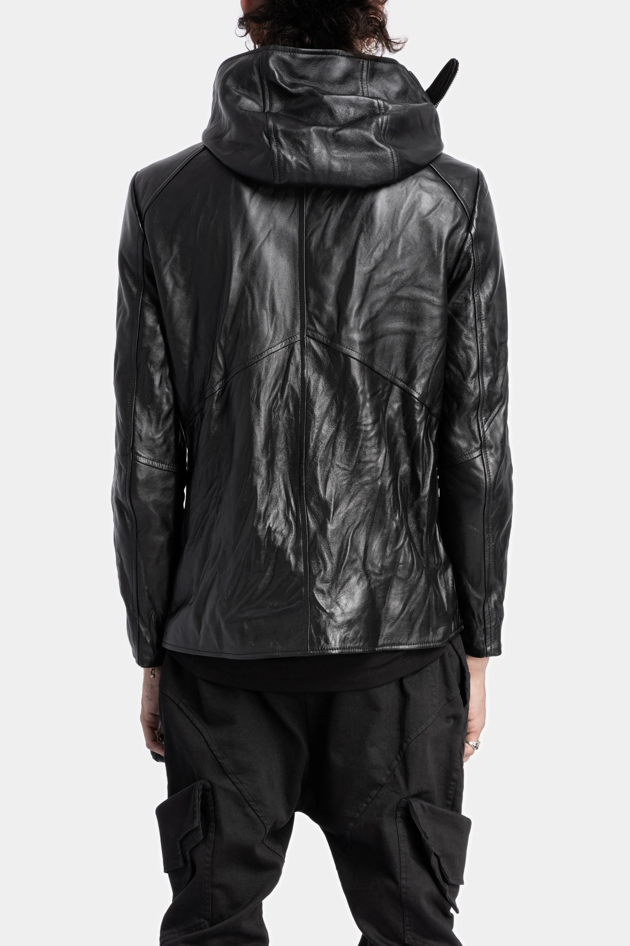 Hooded asymmetric leather jacket