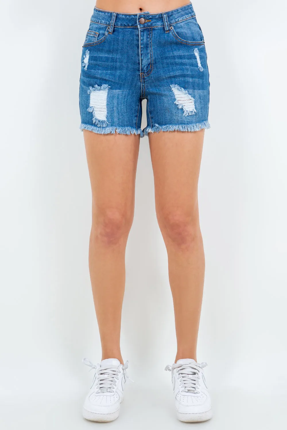 Just BE. American Bazi High Waist Distressed Frayed Denim Shorts - Dark