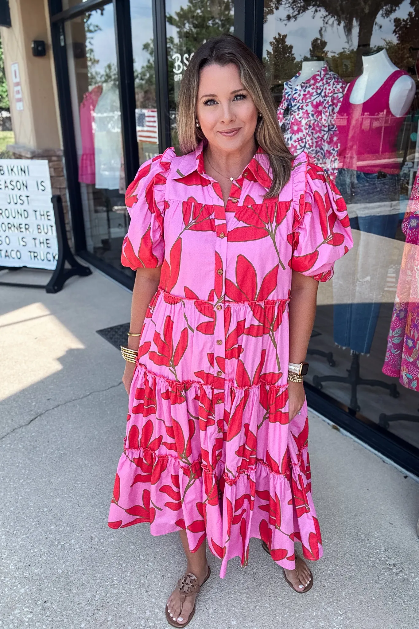 KARLIE: Pink Palm Floral Tier Midi Dress