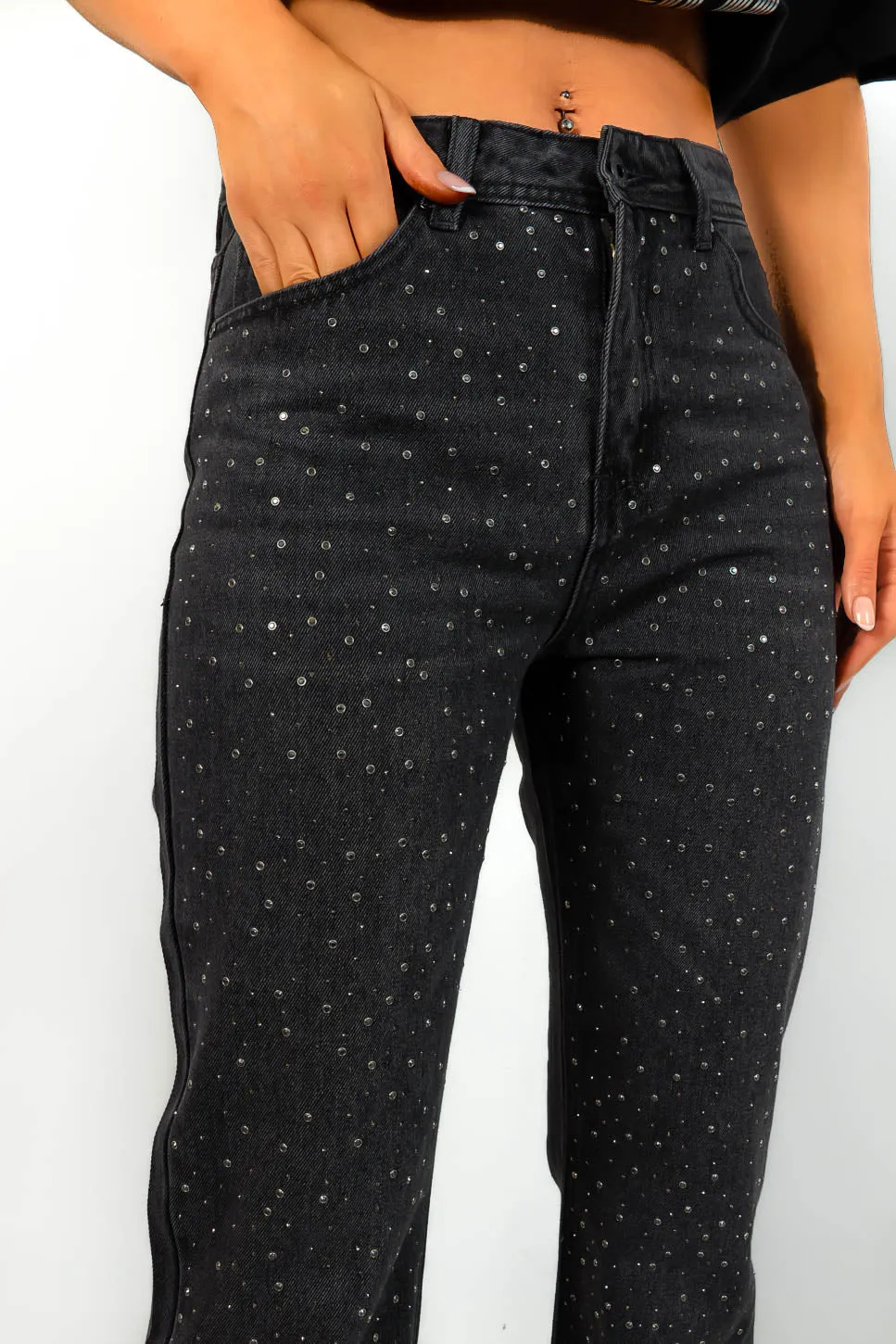 Keep Shining - Black Diamante Straight Leg Jeans