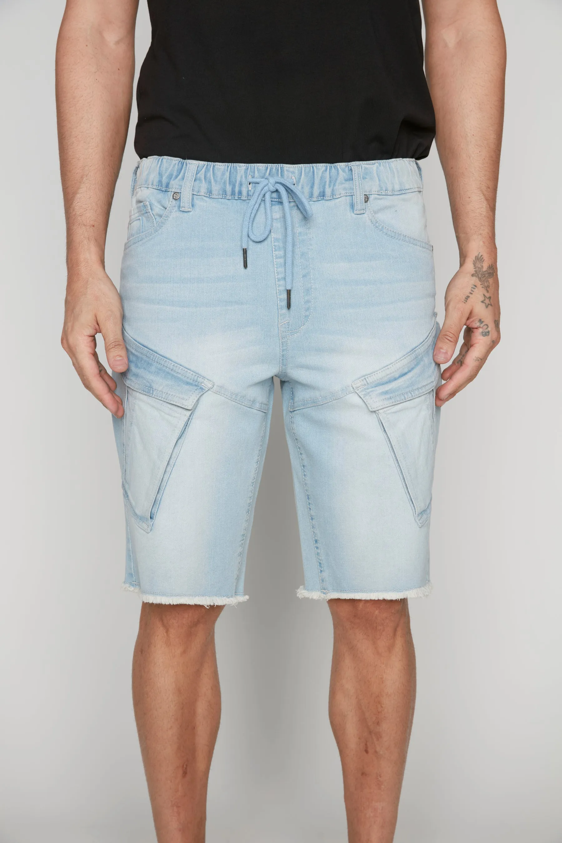 KRAVITZ - Mens 5-Pockets Pull-On Cargo Denim Shorts - Blue Bleach