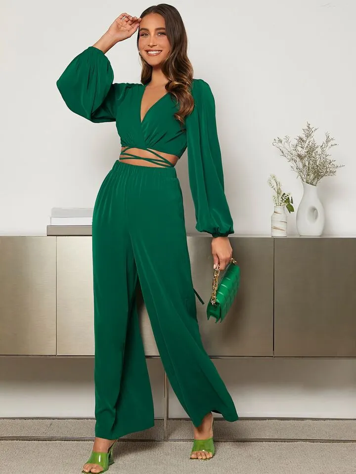 Lantern Sleeve Wrap Knot Back Crop top & Wide Leg trousers in green