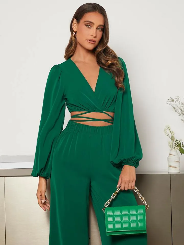 Lantern Sleeve Wrap Knot Back Crop top & Wide Leg trousers in green