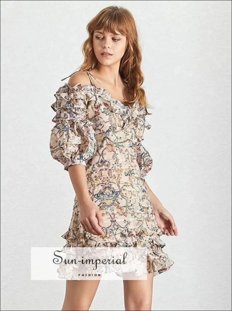 Lexi Dress- Vintage Floral Print Cold Shoulder Lantern Sleeve Women Mini Dress Ruffles Hem A-line