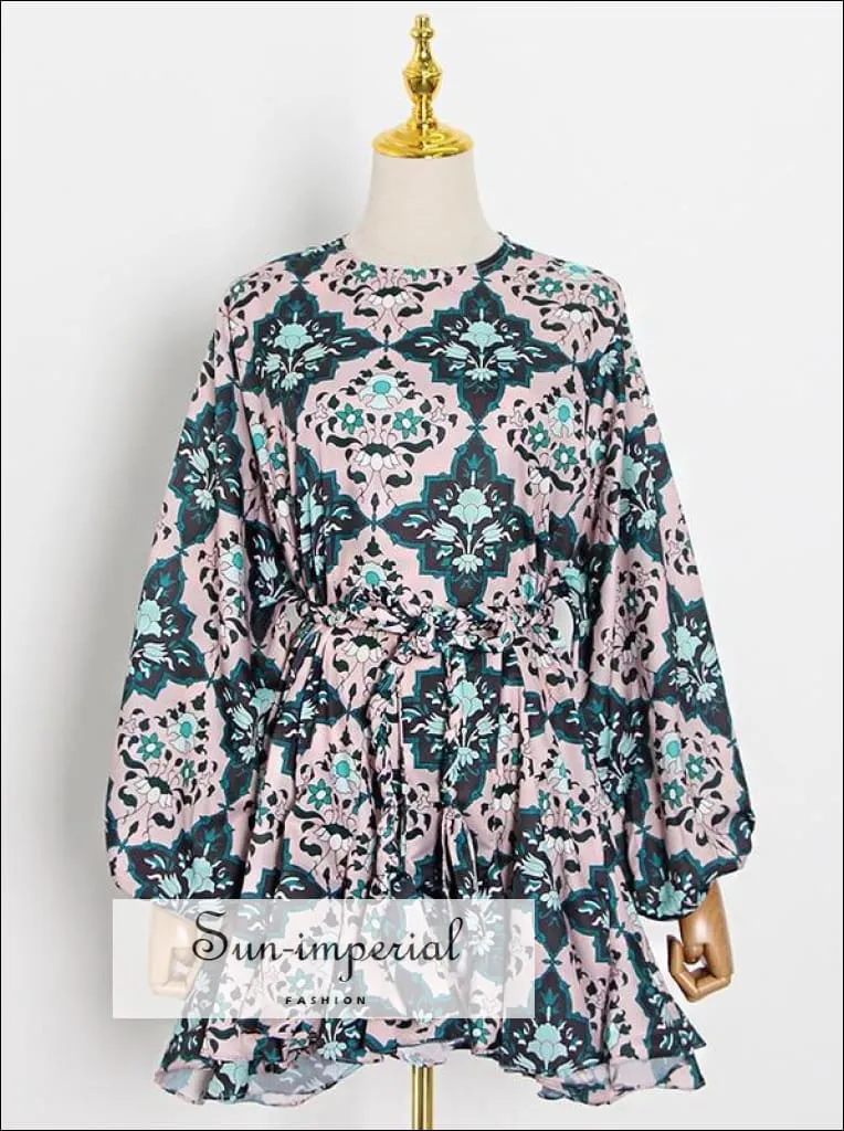 Long Letran Sleeve Tie Waist Loose Printed Mini Dress with Round Neck and Ruffle detail