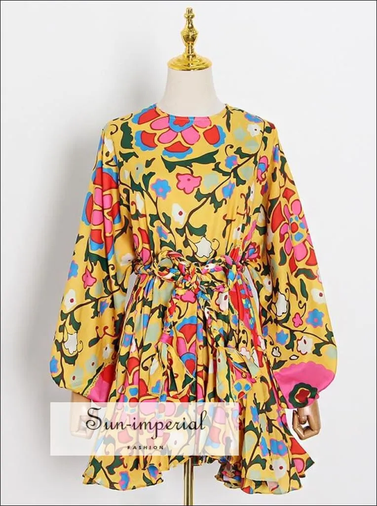 Long Letran Sleeve Tie Waist Loose Printed Mini Dress with Round Neck and Ruffle detail