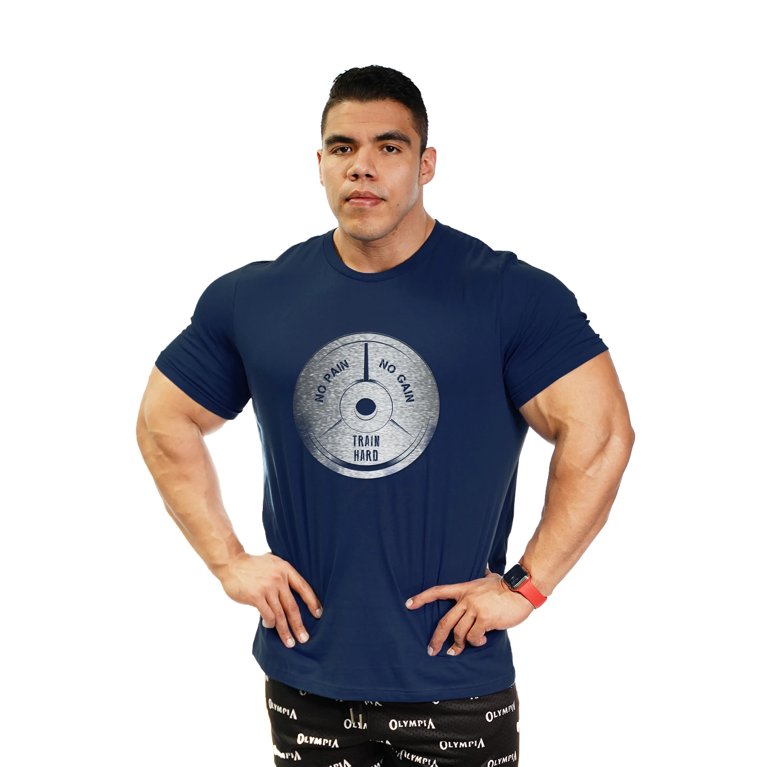 Olympia Metallic Silver Workout Plate Premium Blue T-Shirt