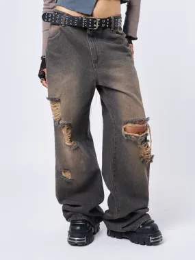 RIP' Washed Grey Loose Baggy Jeans