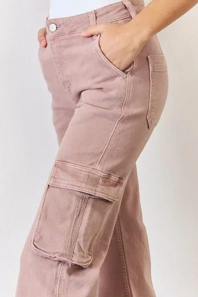 RISEN High Rise Cargo Wide Leg Jeans in Mauve