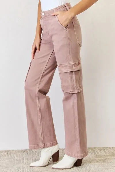 RISEN High Rise Cargo Wide Leg Jeans in Mauve