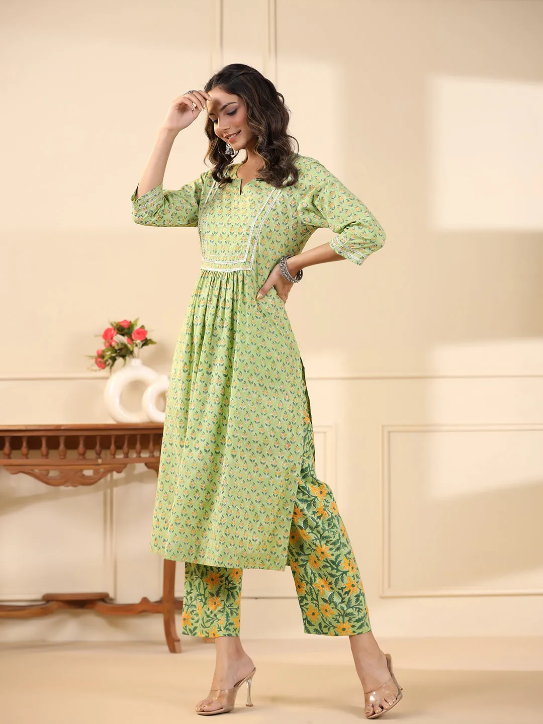 Sadabahaar Mint & Yellow Butti Handblock Printed Cotton Kurta Pant