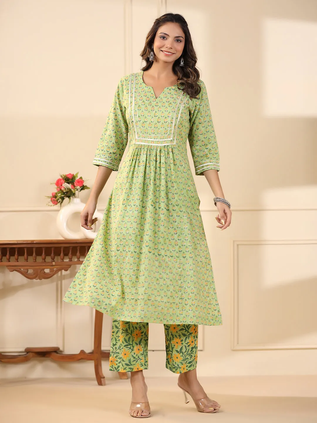 Sadabahaar Mint & Yellow Butti Handblock Printed Cotton Kurta Pant