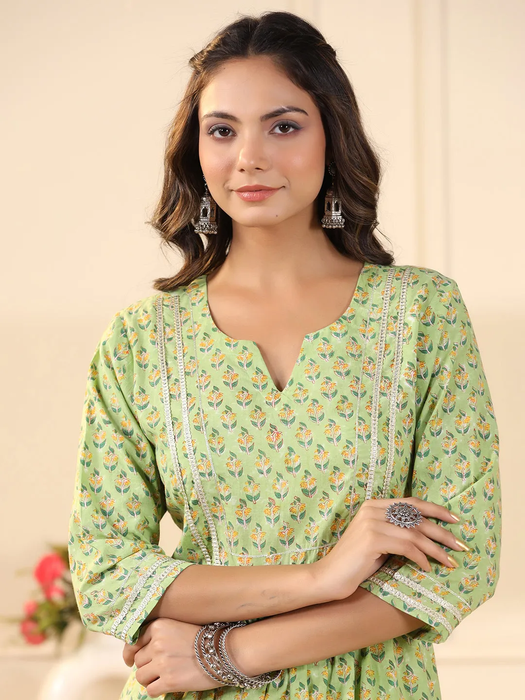 Sadabahaar Mint & Yellow Butti Handblock Printed Cotton Kurta Pant