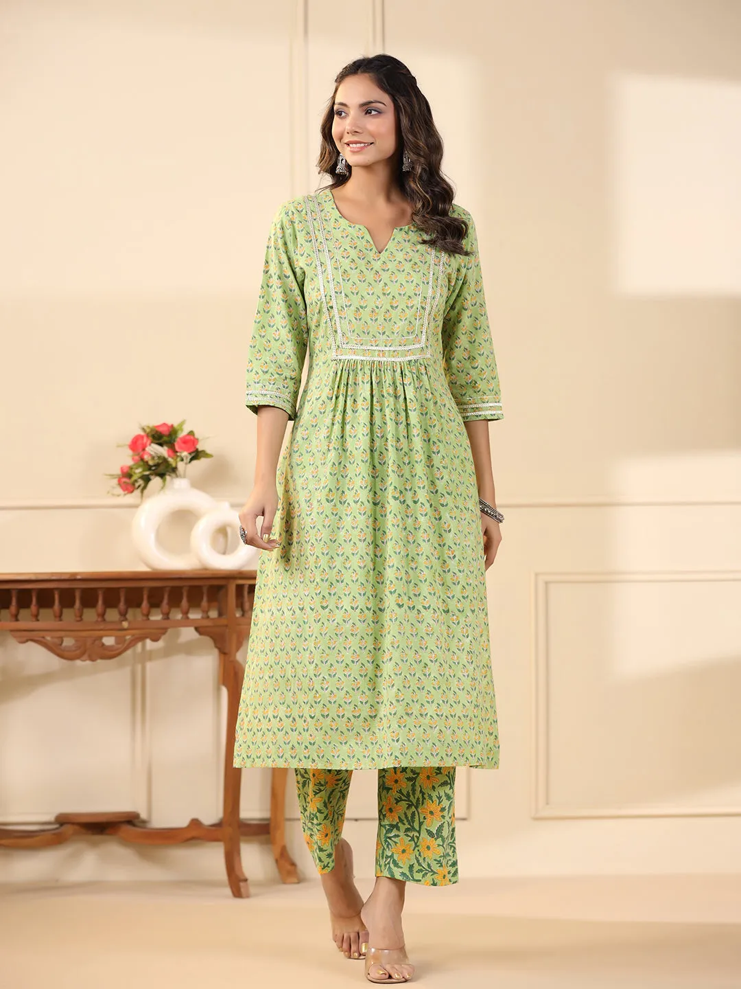 Sadabahaar Mint & Yellow Butti Handblock Printed Cotton Kurta Pant